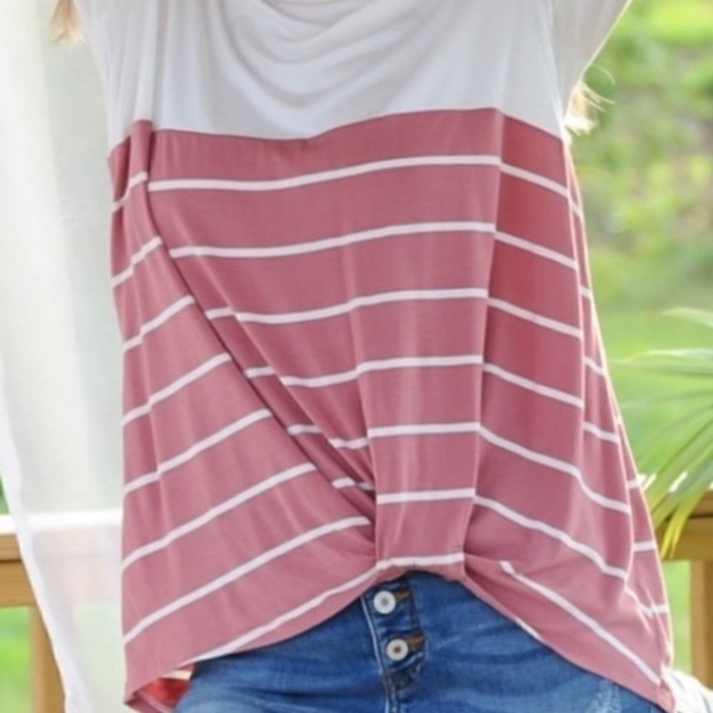 Pink & White Striped Color Block Twist Front Top - Picture 6 of 16